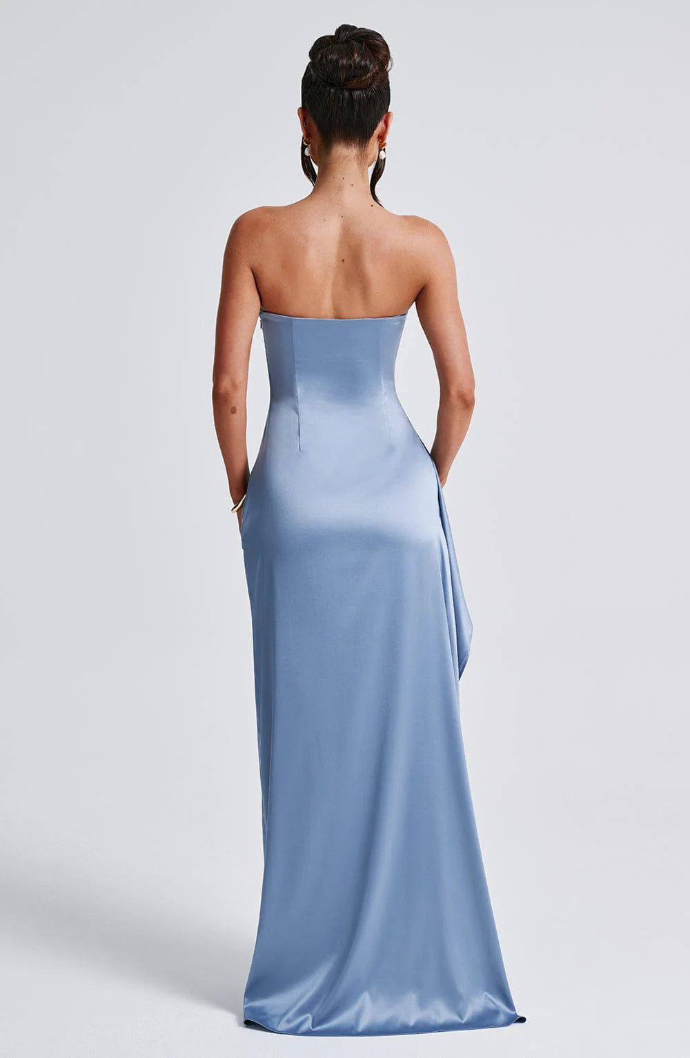 Robe de demoiselle d'honneur longue en satin bleu poudré pour femme, robe de bal fendue, robe de soirée formelle sans bretelles avec plis